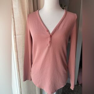 Athleta Wind Down Waffle Knit Henley Top Pink Long Sleeve Sleep Lounge Shirt